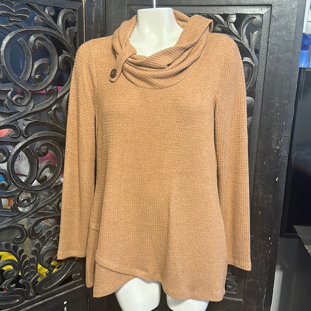 Susan Graver Weekend Textured Knit Crossover Hem Cowl Neck Sweater Tunic Top.